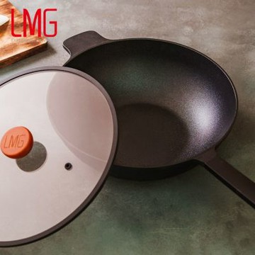 LMG黑曜石系列極耐磨不沾鑄造圓底炒鍋32cm附玻璃鍋蓋