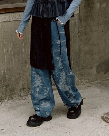 渲染剪接抽繩牛仔長褲