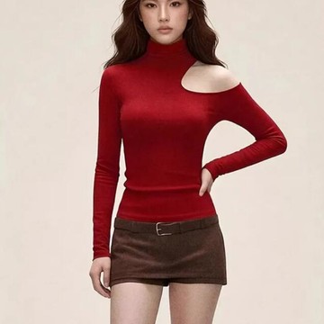 愛依依 上衣 長袖T卹 保暖 S-XL 新款港風復古高領露肩紅色長袖禦姐收腰修身顯瘦上衣-13696.