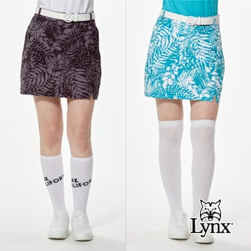 【Lynx Golf】女款環保紗四面彈性清新感樹葉印花Lynx膠標下擺開杈造型運動短裙(二色)