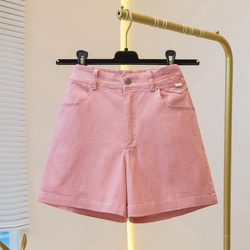 ParrotFashion2024歐貨新款女夏季新款高腰彈力粉色牛仔短褲時尚闊腿熱直筒褲