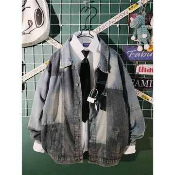 港風潮牌牛仔外套男春秋季美式復古拼色工裝夾克男高級感痞帥上衣