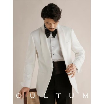 (免運)CULTUM商務紳士修身一粒扣青果領白色西服男結婚婚禮新郎禮服單西