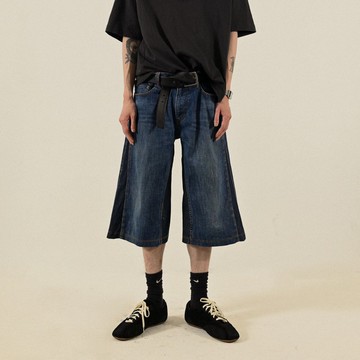 【NaSuBi Vintage】Upcycling拼接設計闊腿牛仔古著短褲