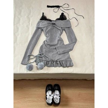 新款灰色一字肩連衣裙子女春夏季辣妹純欲風蕾絲內搭短裙套裝