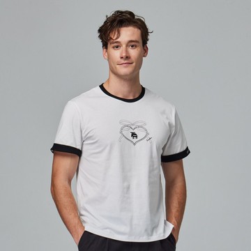 moz瑞典駝鹿 瑞典之心 舒適柔棉100%純棉短T-袖口反摺刺繡-經典白