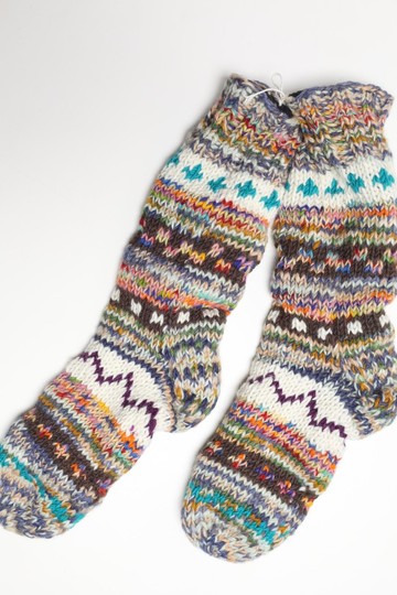 /極暖/橘彩色配色可愛防風高筒室內襪/純羊毛線手工編織大聖誕襪