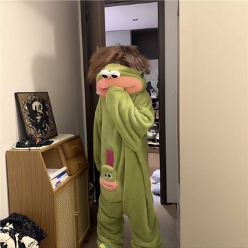 大嘴怪長發連體睡衣男女珊瑚絨加厚保暖秋冬卡通搞怪情侶睡袍長款