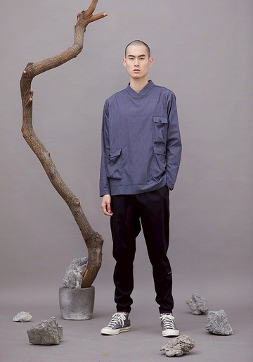 V型立領口袋上衣 - 藍灰