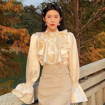 襯衫女設計感小眾高級感春秋法式立領宮廷風復古高端燈籠袖緞面春