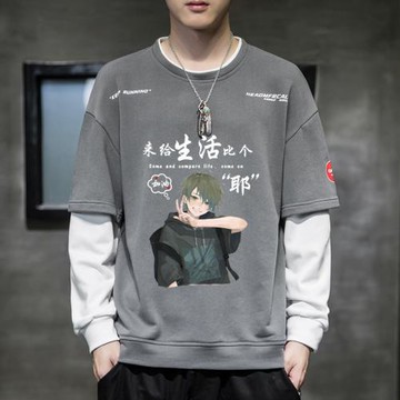 2023秋冬季新款圓領衛衣男士潮牌拼接上衣服無帽寬松外套加絨加厚