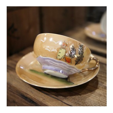 日本老件.1920's珍珠光手繪小瓷杯盤組.薄胎.茶杯.花茶杯.咖啡杯