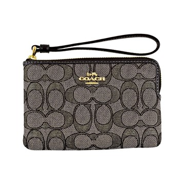 COACH 金銀蔥C LOGO緹花黑色皮革掛帶L型拉鍊萬用手拿包