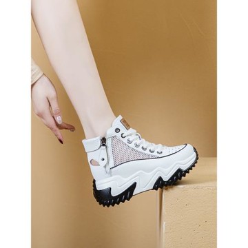 網面高幫涼鞋子女2025新款夏秋真皮鏤空洞洞內增高運動休閑小白鞋