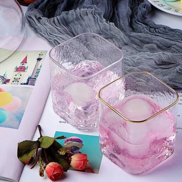 家用喝水杯子創意北歐輕奢金邊水晶玻璃方杯果汁杯錘紋厚底啤酒杯