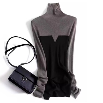 【LANNI 藍尼】現+預 高領撞色拼接長袖針織衫(中高領/上衣/女裝/假兩件)