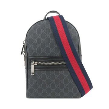 Gucci GG 塗層帆布藍紅織帶口袋拉鏈胸口包(黑灰色)