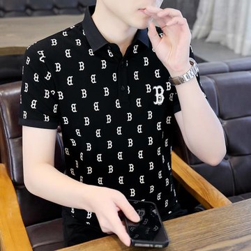 高檔短袖t恤男士夏季潮流提花翻領polo衫體恤修身有領半袖男上衣