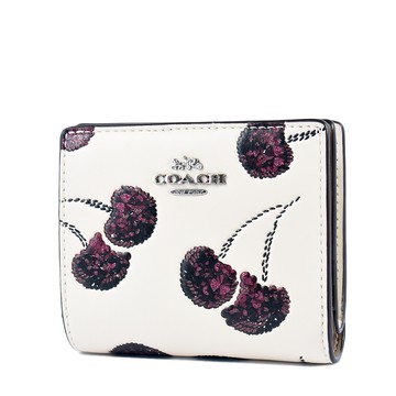 COACH 立體浮雕櫻桃滑面皮革釦式拉鍊袋短夾-白色