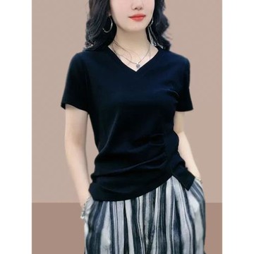 2025夏季新款女士V領不規則純棉短袖t恤短款上衣女裝洋氣減齡體恤