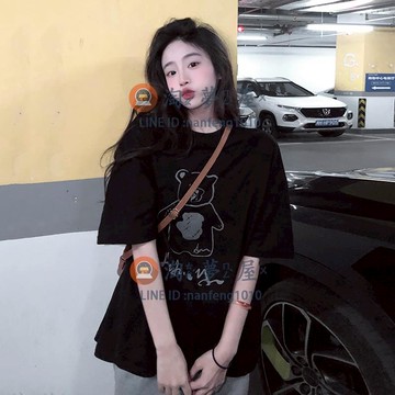 2022新款夏小熊純棉T恤女 寬松慵懶設計感短袖打底衫上衣【淘夢屋】