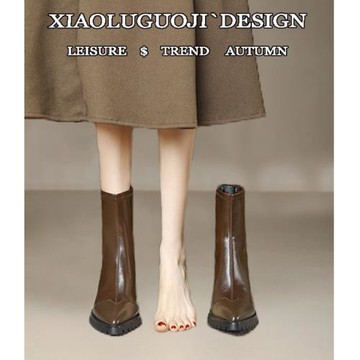 棕色靴子2025新款爆款秋冬尖頭粗跟高跟鞋超火加絨炸街瘦瘦小短靴