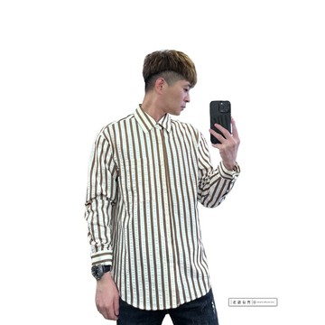 『老爺有喜』重磅撞色直條紋襯衫-咖啡(NOF23092308)