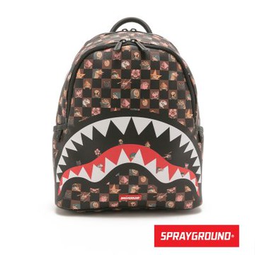 SPRAYGROUND-趣味小圖棋盤格鋸齒鯊後背包-咖色