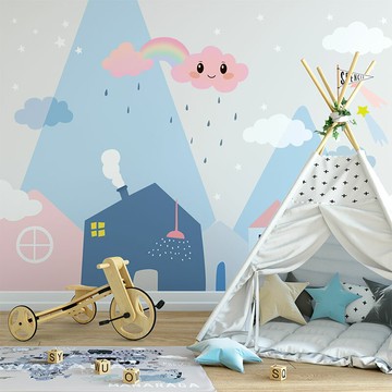 卡通北歐ins兒童房壁紙臥室床頭女孩粉色手繪定制壁畫墻紙