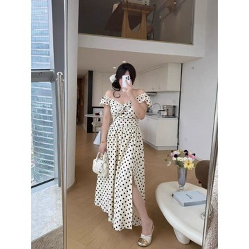 【🍇精選】棉花糖女孩必入~大碼女裝 韓版波點連衣裙女 長洋裝 夏季褶皺收腰長裙 A字版連衣裙 顯瘦氣質長裙 顯瘦遮肉長裙