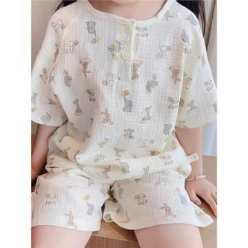 ins網紅親子睡衣女童夏季紗布純棉薄款家居服男童短袖短褲套裝