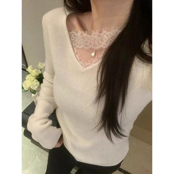 法式白色蕾絲v領羊絨針織衫女秋冬氣質內搭毛衣修身短款打底上衣