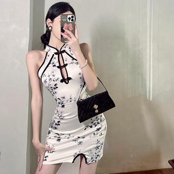 【隔日到】S-L復古印花顯瘦鏤空性感開叉短裙改良旗袍無袖洋裝 小禮服 度假聚會休閒生日派對約會裝扮