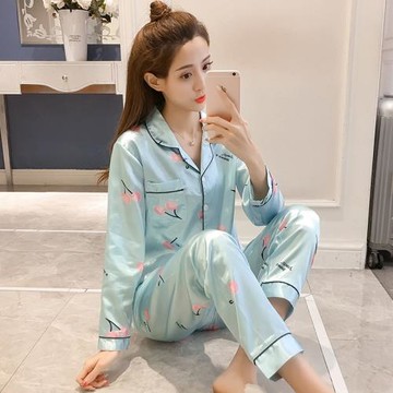 睡衣女夏季冰絲家居服春秋兩件套裝絲綢長袖夏天網紅開衫可外穿