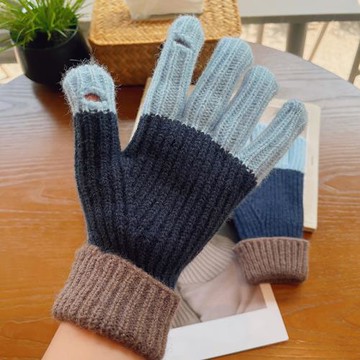可露指韓版拼色毛線手套女冬季可愛撞色粗毛線可觸屏保暖加厚加長