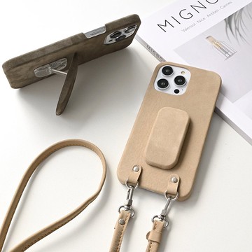 相容於所有型號，圓形外殼，帶智慧型手機支架 [牛巴革] 垂直視頻，水平視頻，智慧型手機肩背，皮革，母親節 BZ02K