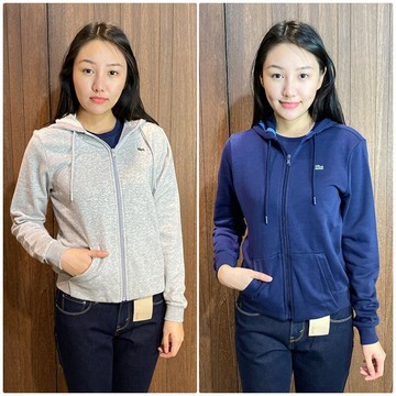 美國百分百【全新真品】法國 Lacoste 鱷魚 連帽棉外套 運動休閒時尚 小logo 女 藍色 灰色 AM86
