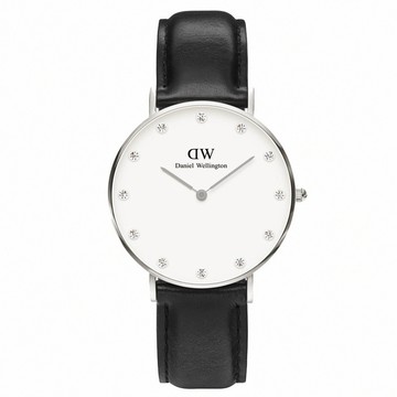 【Daniel Wellington】施華洛世奇水晶黑色皮革腕錶-銀框/34mm(0961DW)