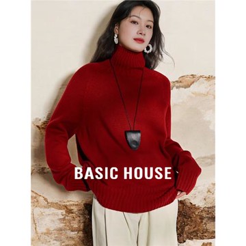 Basic House/百家好新年紅高領加厚毛衣女秋冬100%羊毛針織打底衫