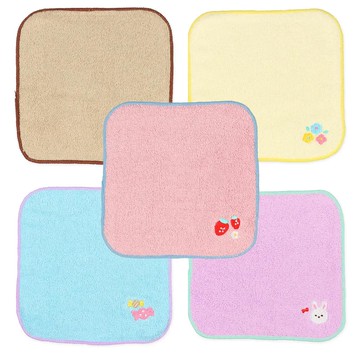 日本西松屋 - 純棉上學擦手巾/手帕(5入組)-可愛刺繡-粉彩 (16×16cm)