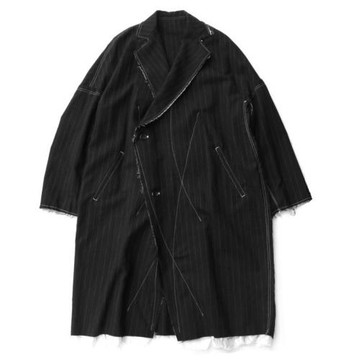 YOJI OOAK STRIPED WOOL COAT條紋羊毛中長款風衣銅氨絲毛邊外套