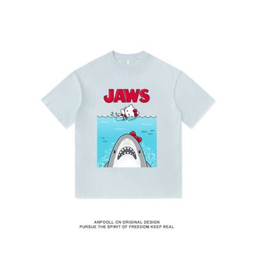 hello Kitty食人鯊聯動卡通美式重磅純棉短袖T恤衫夏季男裝寬松潮