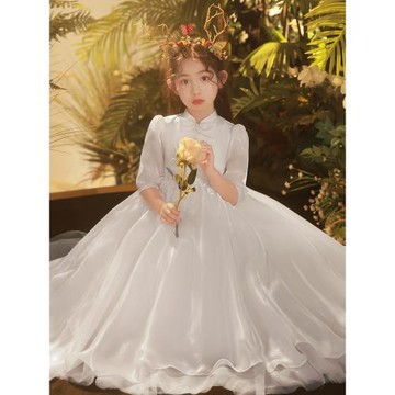 女童生日禮服白色高端公主裙兒童主持人花童婚禮小女孩鋼琴演出服