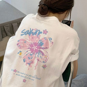SY韓版上衣國潮塗鴉花朵純棉短袖T恤男女夏季短袖上衣新款寬鬆半袖chic港味別緻上衣