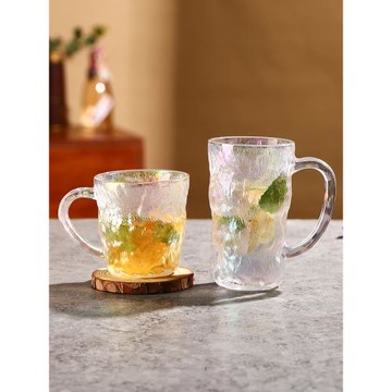 冰川紋玻璃杯ins風帶把手高顏值杯子夏季家用喝水杯女磨砂高級感