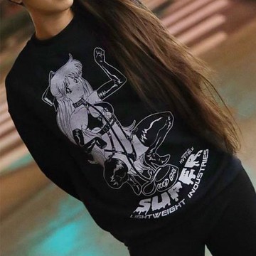 動漫美少女戰士金星卡通印花設計感套頭圓領衛衣原宿黑色上衣ins