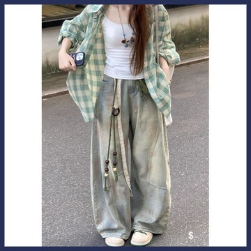 WYZ美式復古髒染彎刀褲牛仔褲女春秋設計感高腰寬鬆工裝闊腿鐮刀褲子