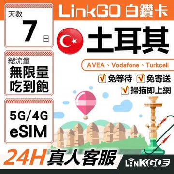 【LinkGO】白鑽卡 土耳其 eSIM卡 7天上網卡 無限量吃到飽 高速流量(土耳其網卡 伊斯坦堡 卡帕多奇亞)