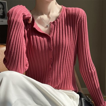 16色~S-3XL 大尺碼針織上衣女 圓領針織開衫外套女短款百搭坑條毛衣女寬松外穿長袖