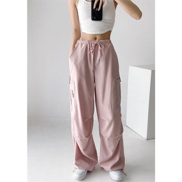 網紅同款美式辣妹風多口袋腰部抽繩系帶休閑運動百搭工裝長褲